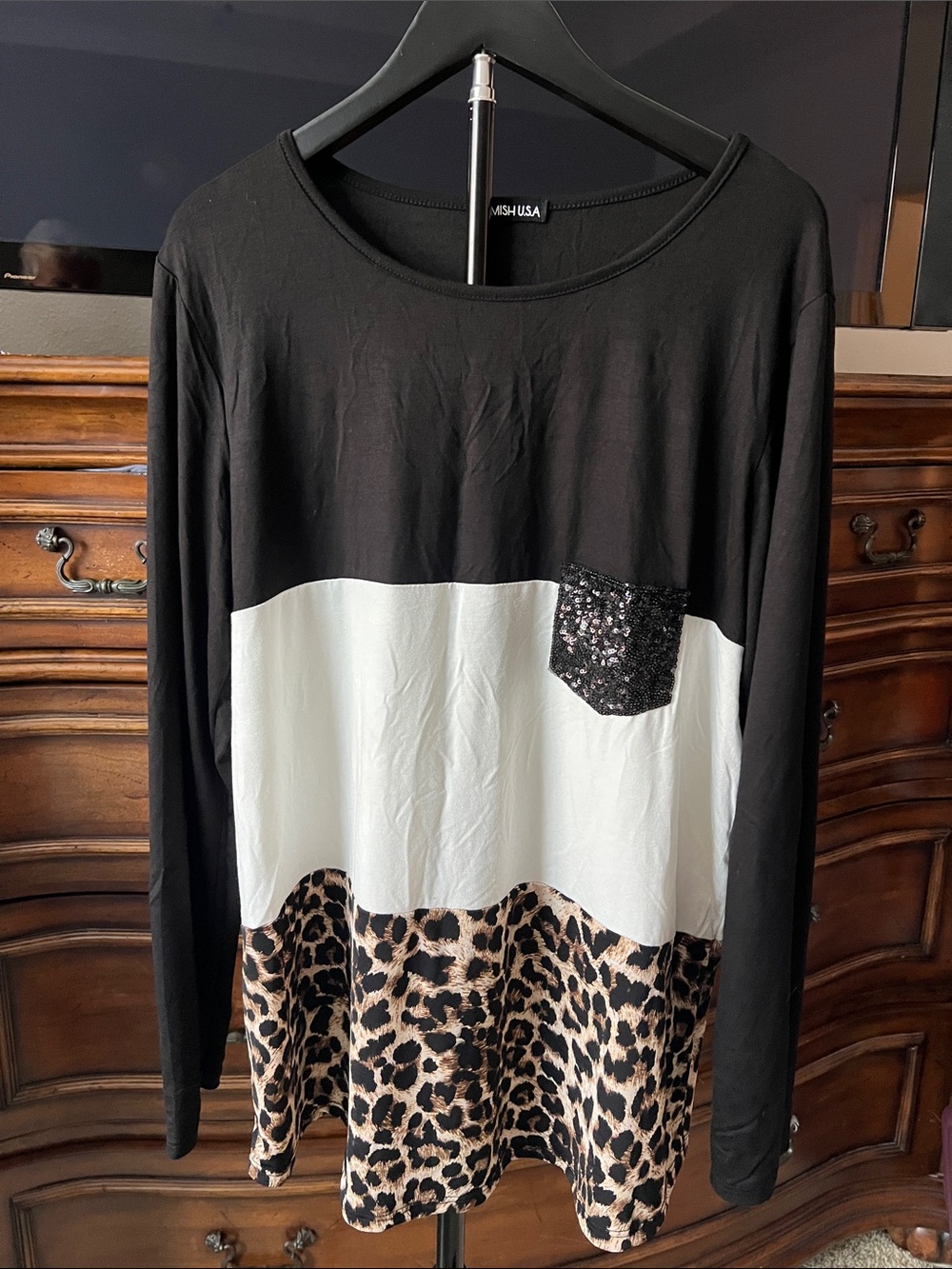 Black, White & Leopard Long Sleeve Top with Sequin Pocket